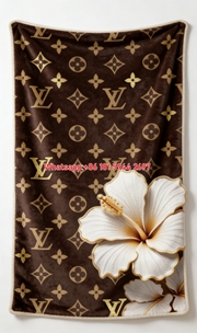 Luxury LV Monogram White Hibiscus Flannel Throw Blanket 391